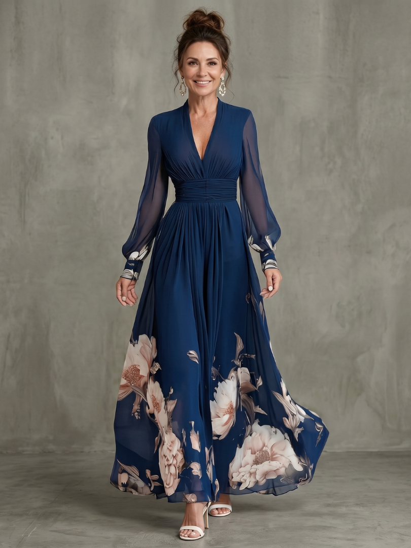 MAISON CHÉRIE | Vestido maxi de mujer con mangas transparentes y estampado floral