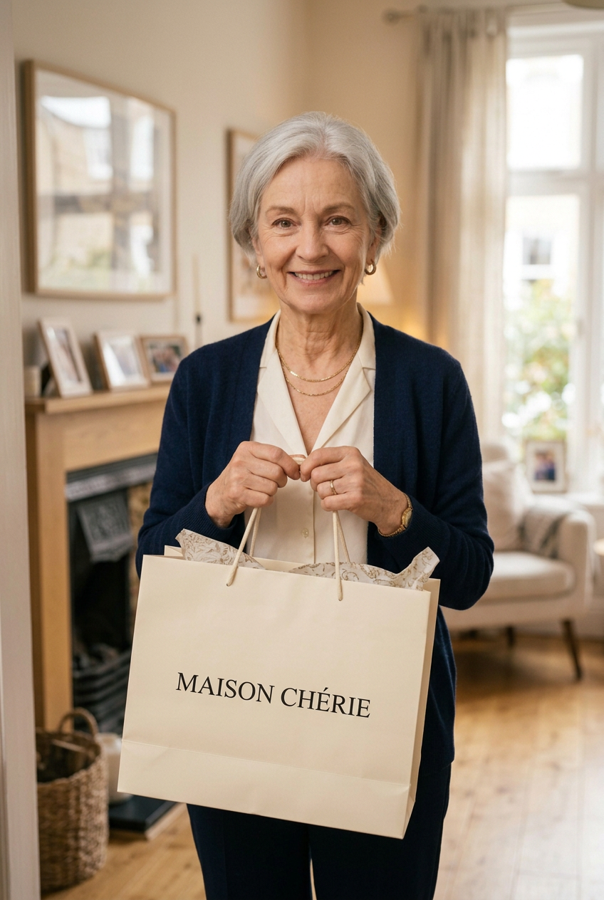 Mujer mayor bolsa Maison Chérie mirando cámara