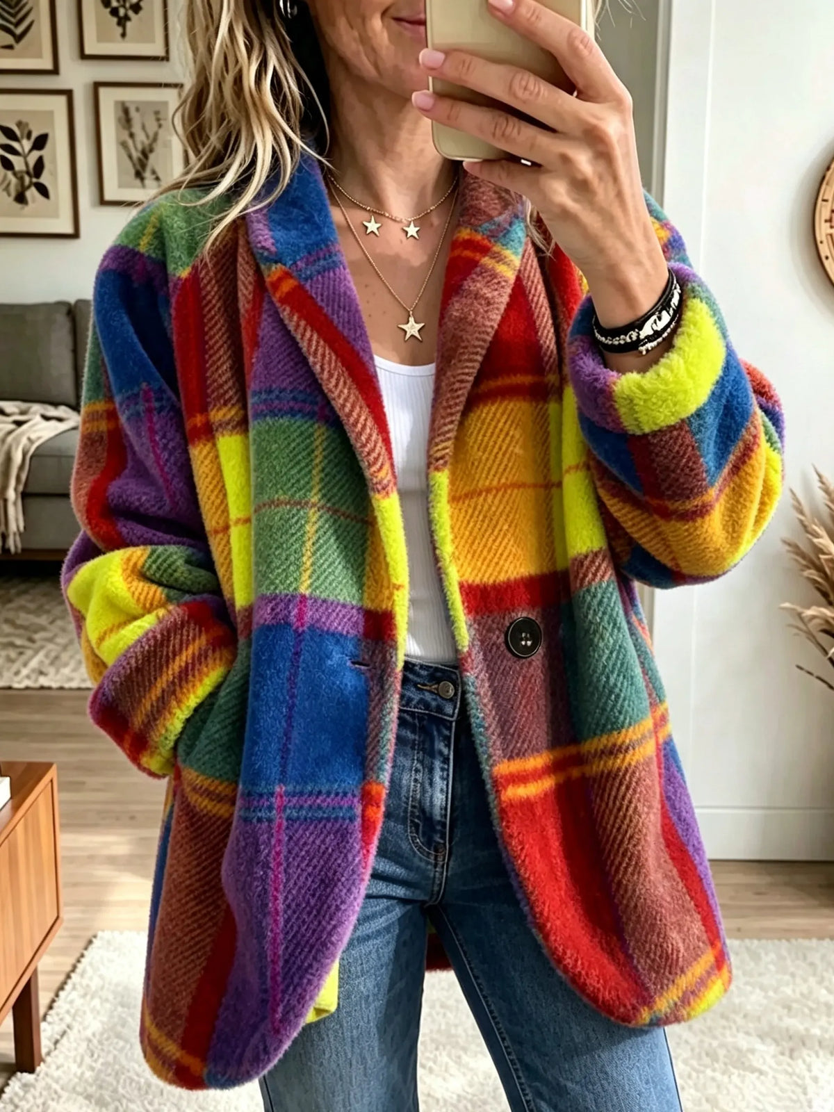 MAISON CHÉRIE | Abrigo mujer a cuadros con botón y textura suave