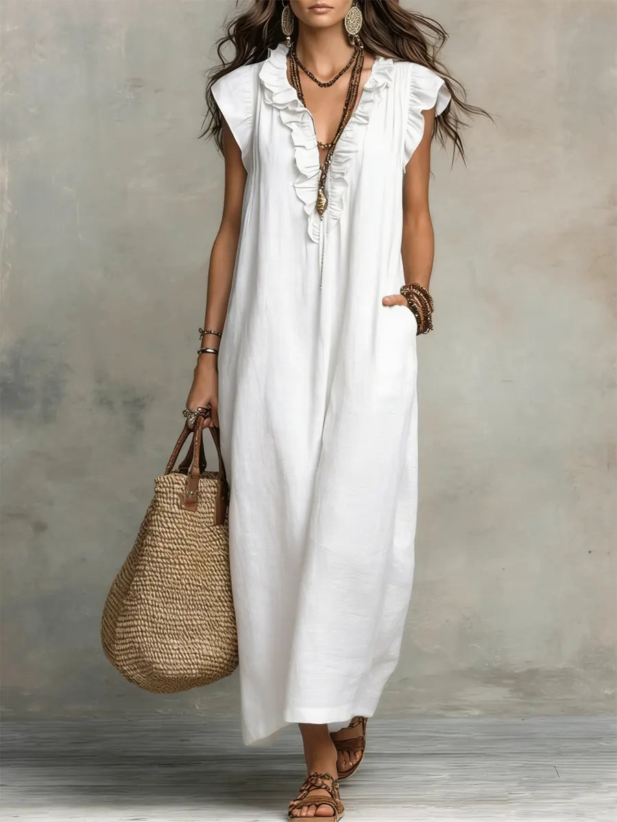 Vestido Évelyne | Largo de Lino y Algodón, Bohemio y Natural