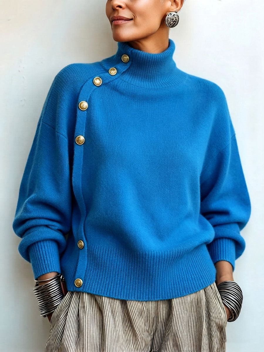 MAISON CHÉRIE | Suéter de mujer con cuello alto asimétrico y botones elegantes
