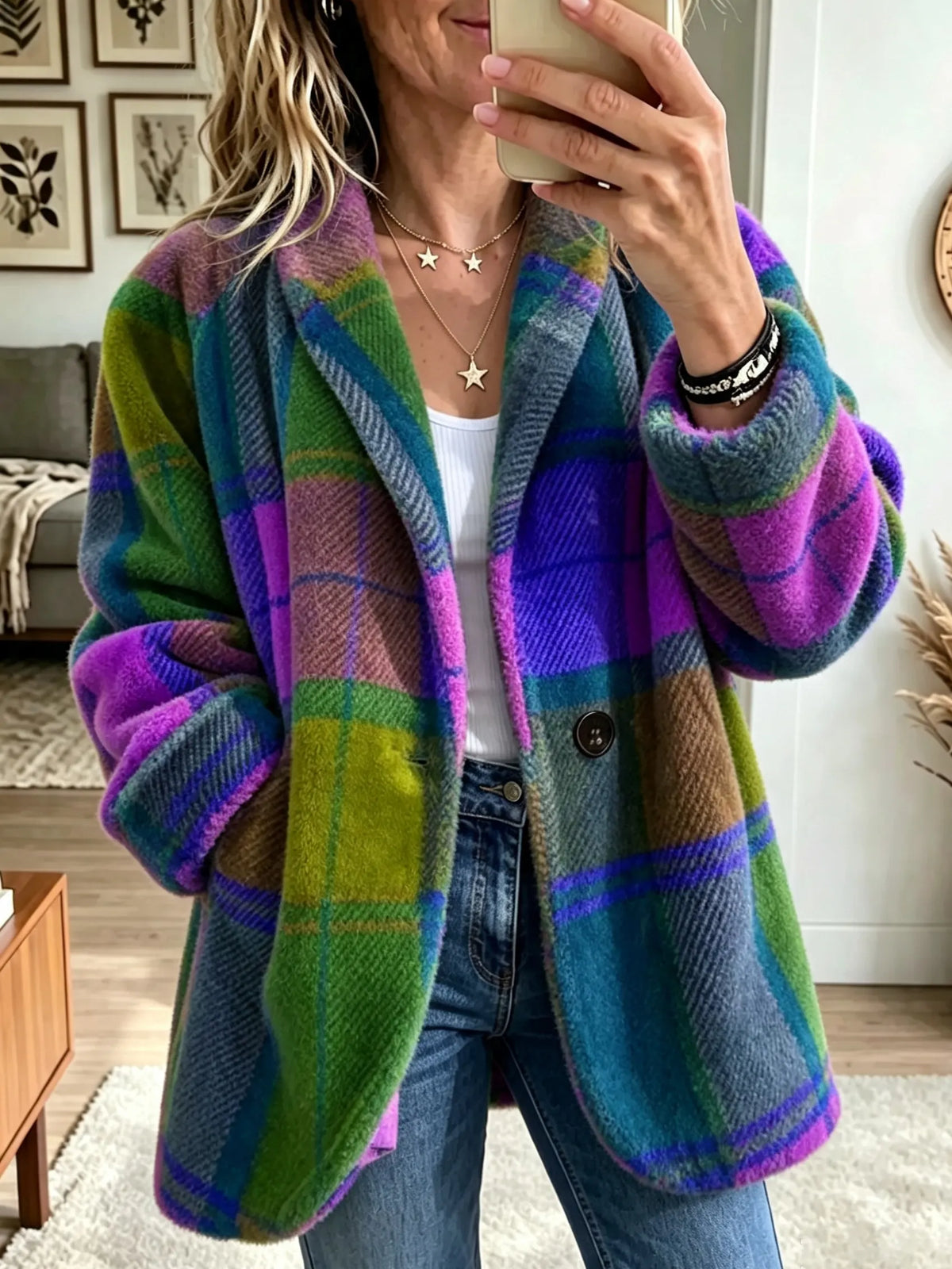 MAISON CHÉRIE | Abrigo mujer a cuadros con botón y textura suave