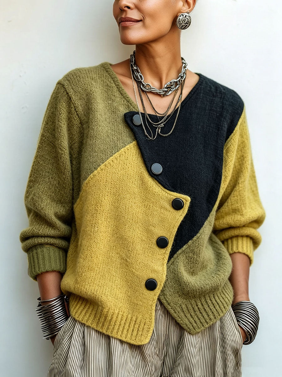 MAISON CHÉRIE | Suéter color block de mujer con botones asimétricos elegantes