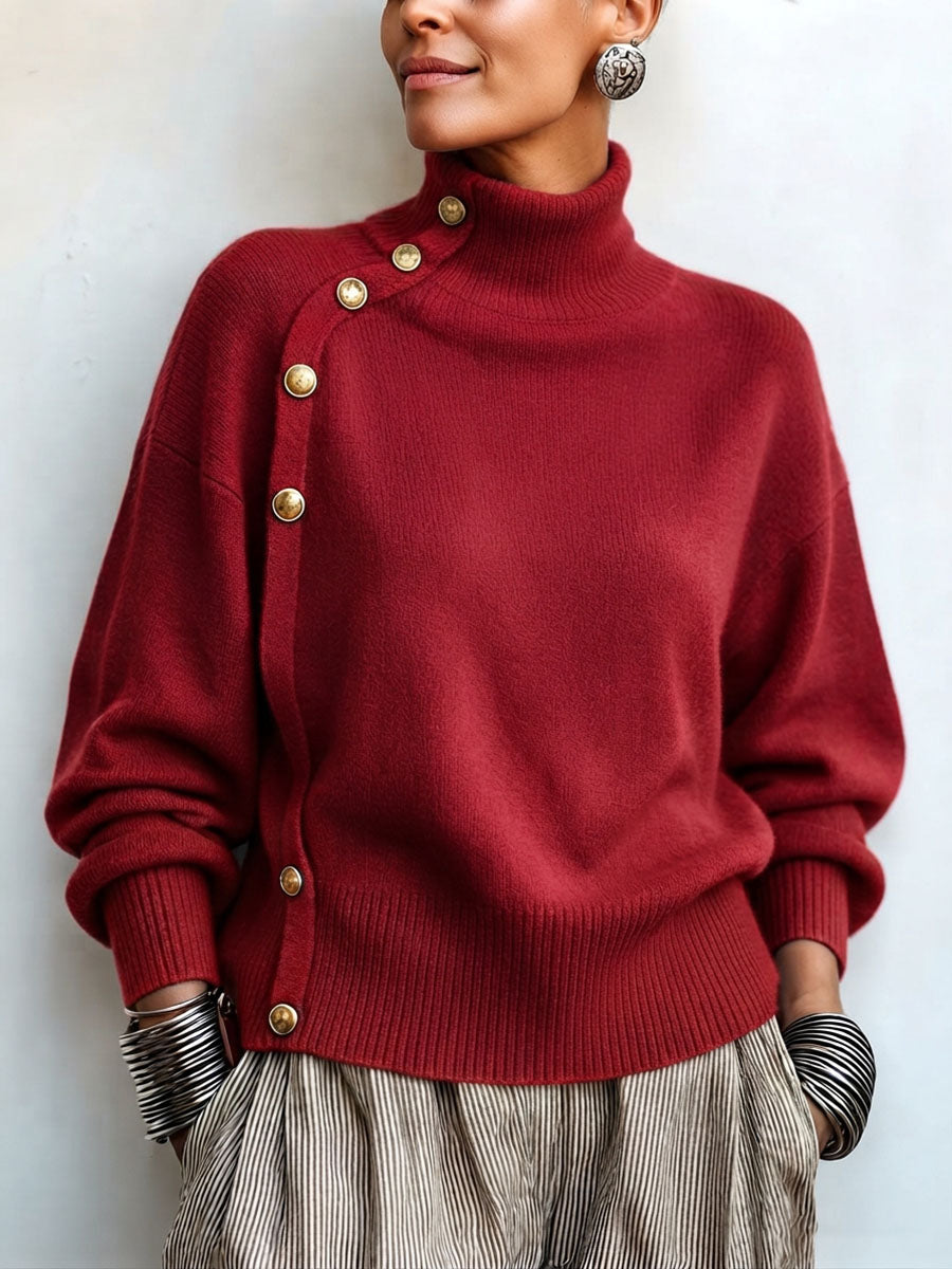 MAISON CHÉRIE | Suéter de mujer con cuello alto asimétrico y botones elegantes