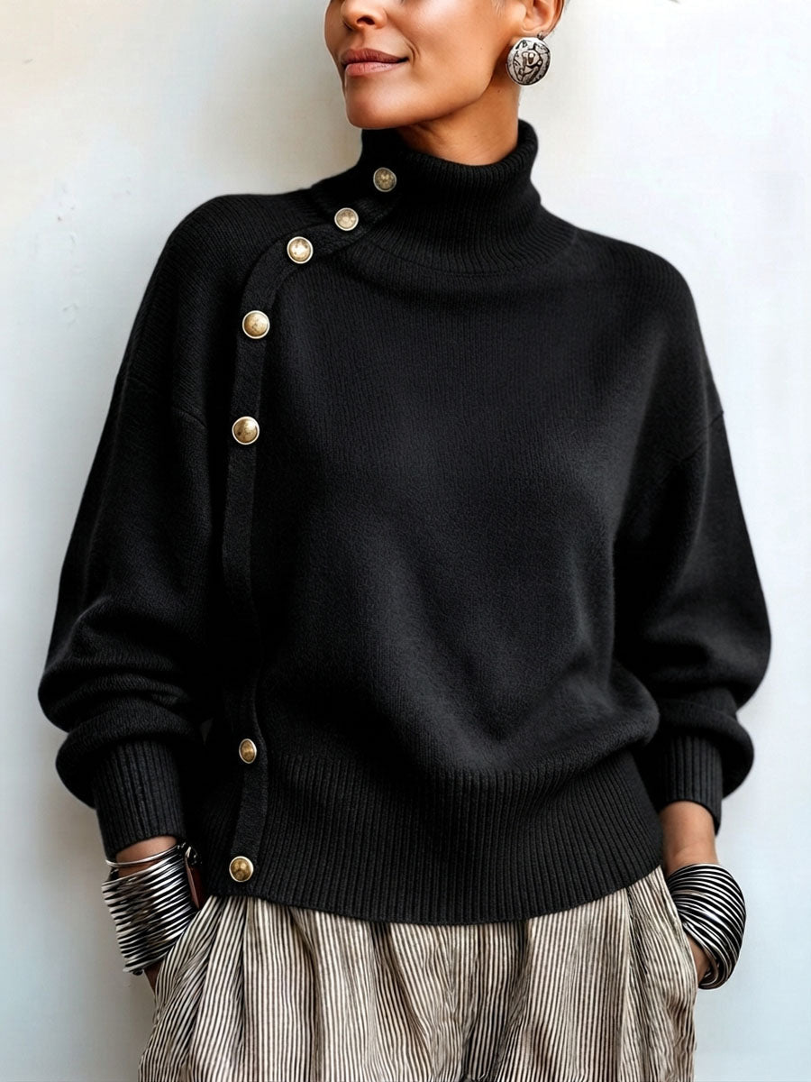 MAISON CHÉRIE | Suéter de mujer con cuello alto asimétrico y botones elegantes