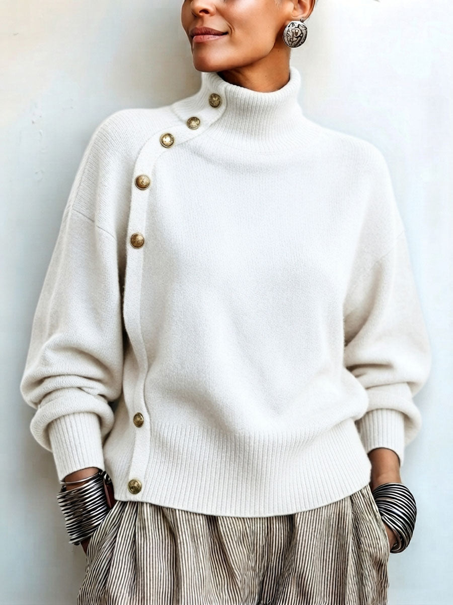 MAISON CHÉRIE | Suéter de mujer con cuello alto asimétrico y botones elegantes
