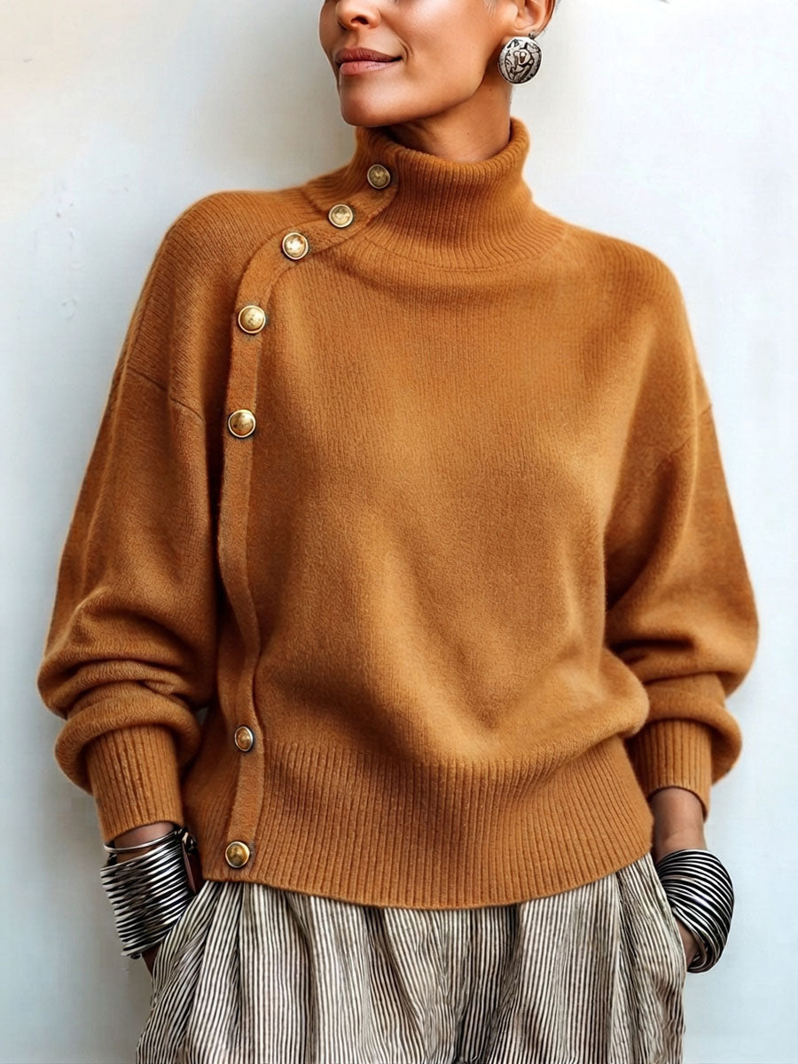 MAISON CHÉRIE | Suéter de mujer con cuello alto asimétrico y botones elegantes