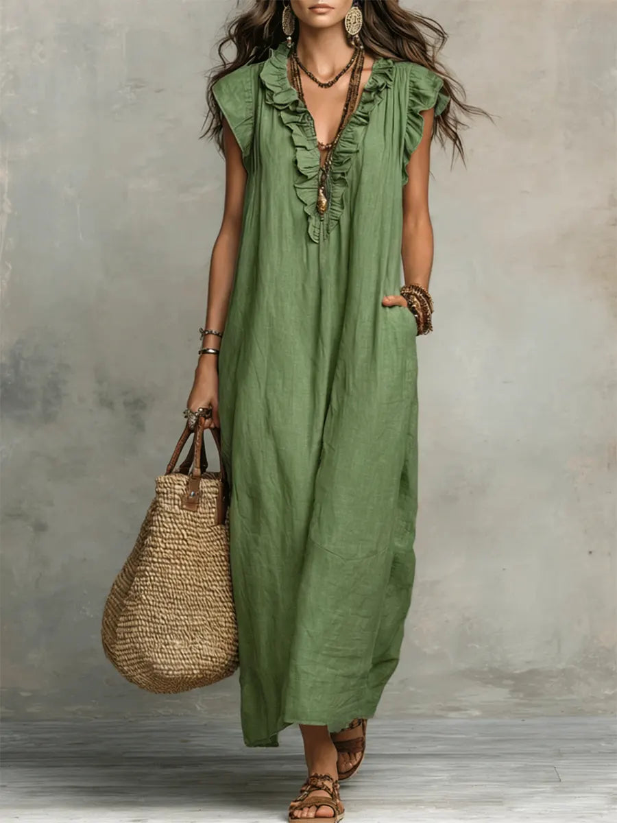Vestido Évelyne | Largo de Lino y Algodón, Bohemio y Natural