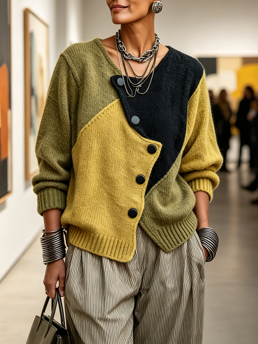 MAISON CHÉRIE | Suéter color block de mujer con botones asimétricos elegantes