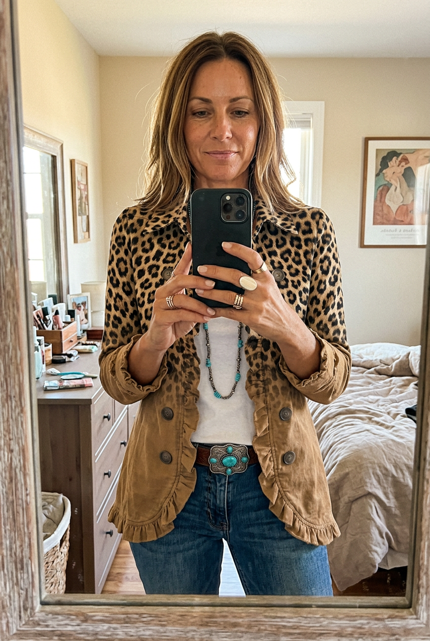 Selfie espejo chaqueta leopardo
