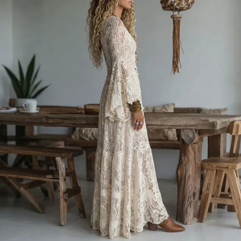 MAISON CHÉRIE | Vestido largo mujer de encaje vintage con mangas acampanadas
