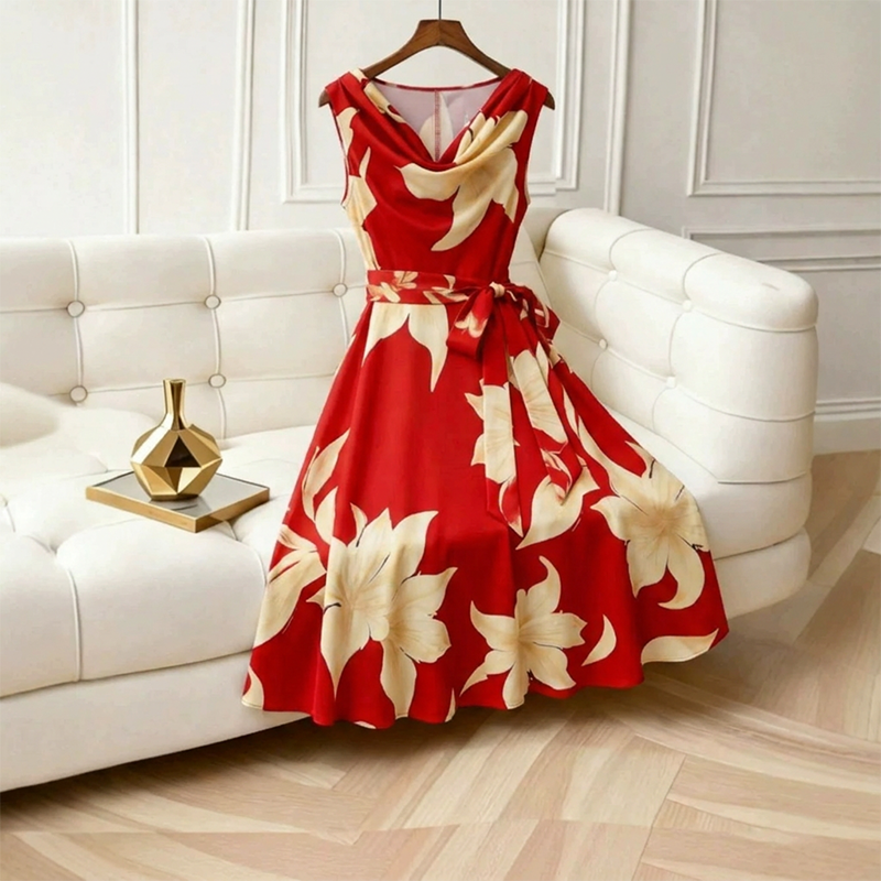 MAISON CHÉRIE | Vestido midi floral para mujer sin mangas con cintura atada