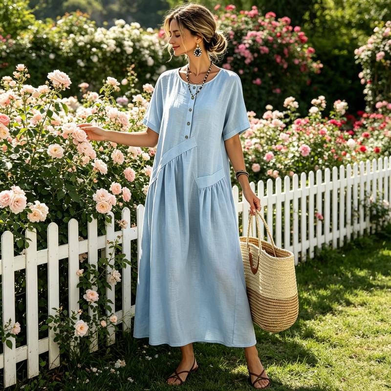 MAISON CHÉRIE | Vestido maxi mujer con botones efecto algodón-lino