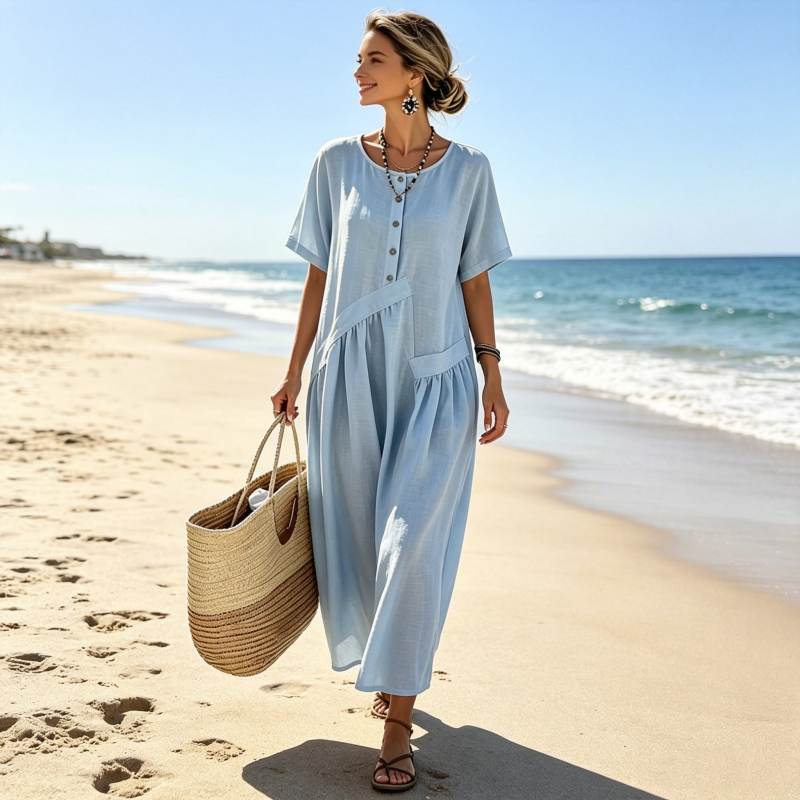 MAISON CHÉRIE | Vestido maxi mujer con botones efecto algodón-lino