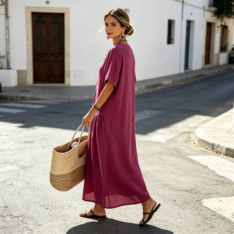 MAISON CHÉRIE | Vestido maxi mujer con botones efecto algodón-lino