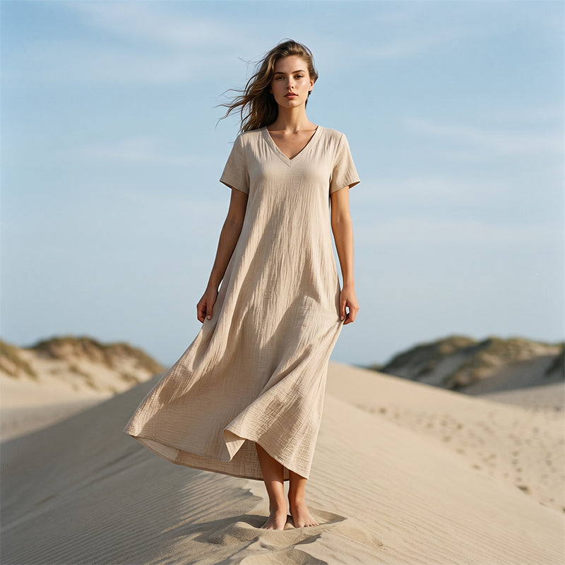 MAISON CHÉRIE | Vestido maxi mujer con cuello en V y bolsillos