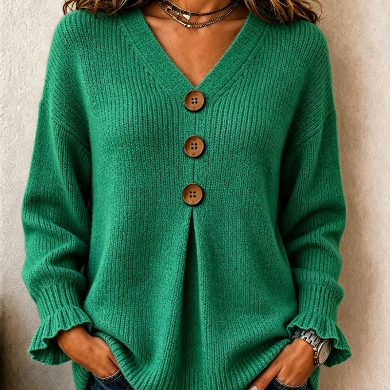 MAISON CHÉRIE | Suéter de mujer con cuello en V, botones y mangas con volante