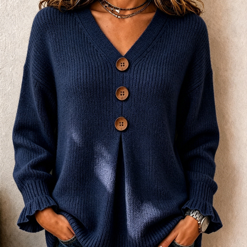 MAISON CHÉRIE | Suéter de mujer con cuello en V, botones y mangas con volante