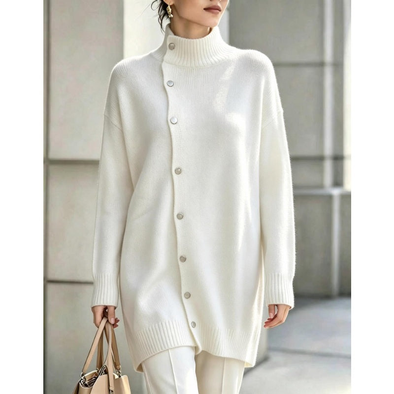 MAISON CHÉRIE | Suéter largo de mujer con cuello alto y botones asimétricos